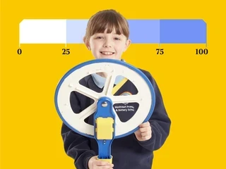 Primary school girl drives toy steering wheel