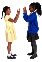 Two schoolgirls playing pat-a-cake.